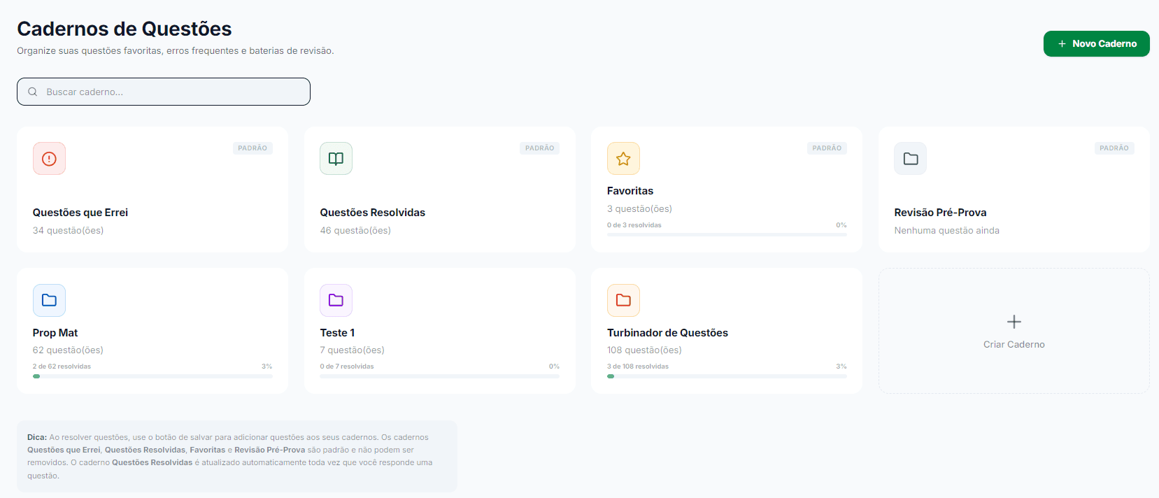 Cadernos de Questões na plataforma Qbizu